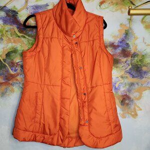 Women's Orange Puffer Vest With High Collar & Snap Buttons